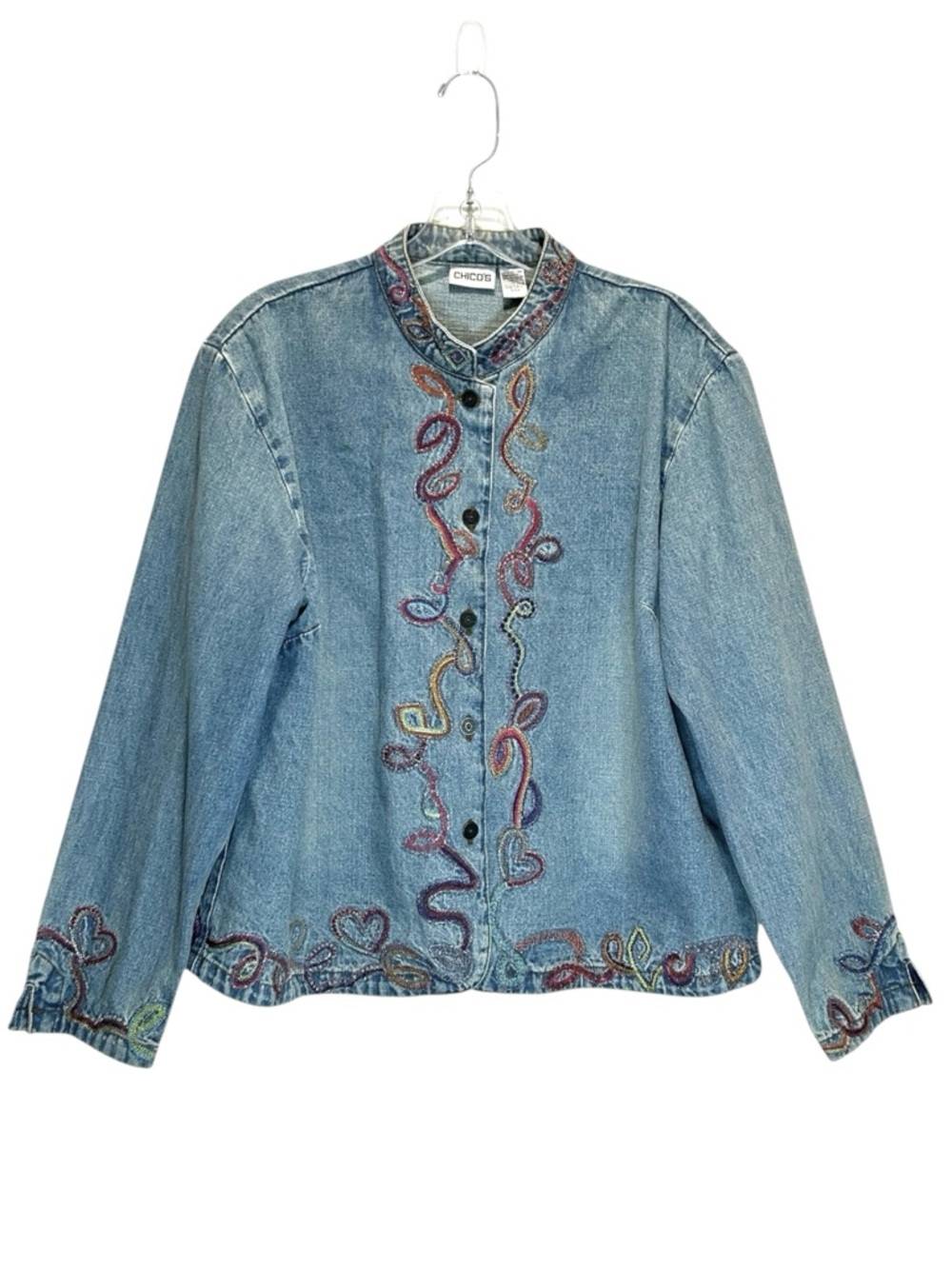 Chico’s Button-up Cotton Denim Embroidered Jacket - Chico’s 2 (Same as Large) - Picture 2 of 9